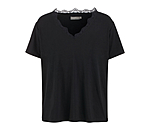 Locker geschnittenes T-Shirt mit V-Ausschnitt und Spitzendetails. Leicht dehnbarer, atmungsaktiver Stoff. 66 % Polyester, 28 % V